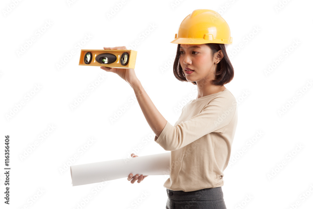 Asian engineer woman with blueprints and level  isolated on white background