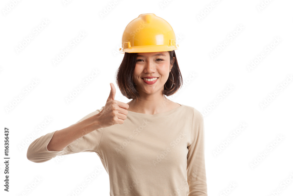 Asian engineer woman show thumbs up isolated on white background Asian engineer woman show thumbs up isolated on white background