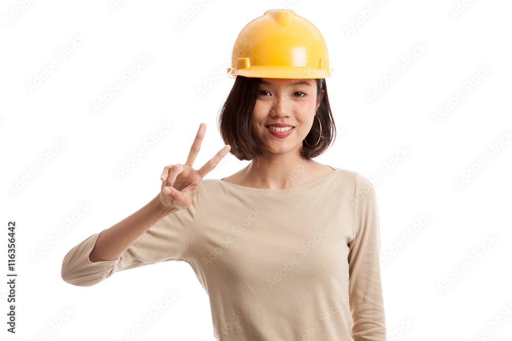 Asian engineer woman show Victory sign isolated on white background Asian engineer woman show Victory sign isolated on white background