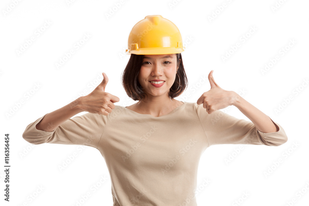 Asian engineer woman thumbs up with both hands isolated on white background Asian engineer woman thumbs up with both hands isolated on white background