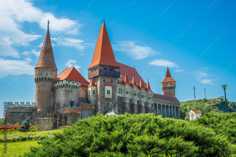 Old traditional architecture of the famous historical Corvin castle in Hunedoara, Transylvania region, Romania