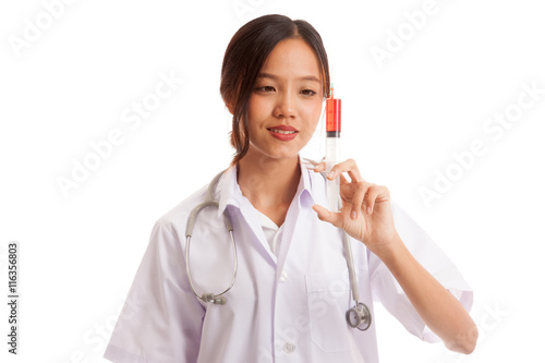 Young Asian female doctor  smile hold syringe  isolated on white background