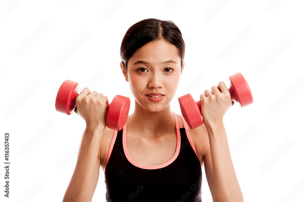 Beautiful Asian healthy girl exercise with dumbbell  isolated on white background