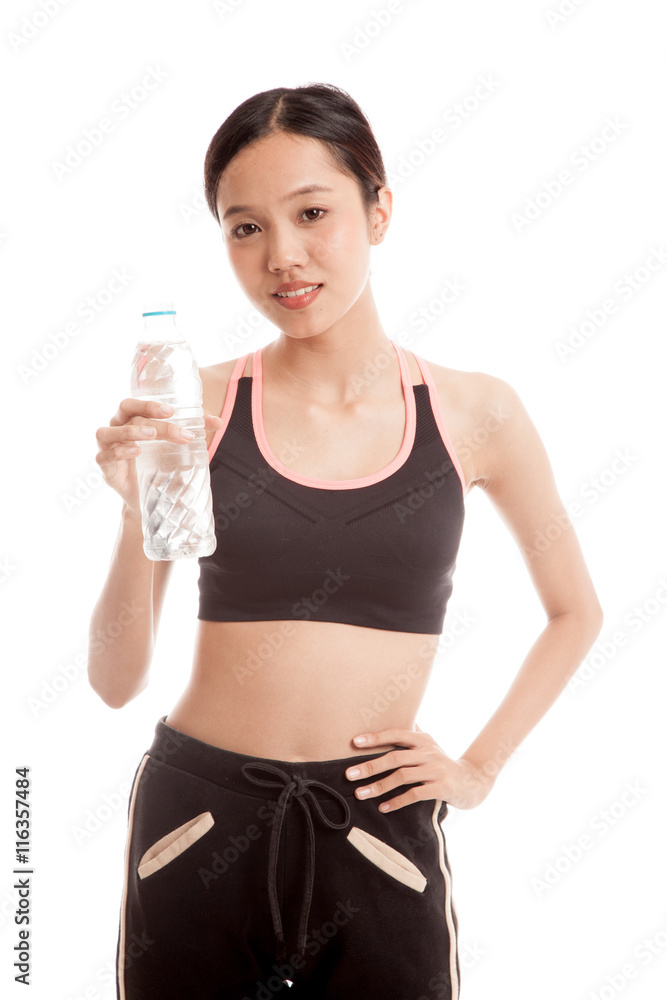 Beautiful Asian healthy girl with bottle of drinking water isolated on white background Beautiful Asian healthy girl with bottle of drinking water isolated on white background