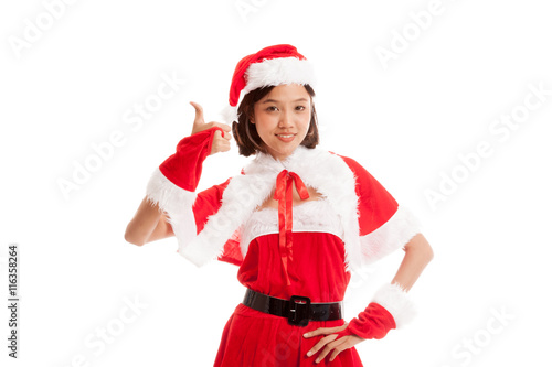 Asian Christmas Santa Claus girl thumbs up isolated on white background