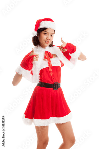 Asian Christmas Santa Claus girl show 2 thumbs up isolated on white background