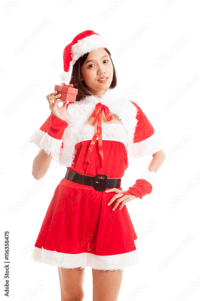 Asian Christmas Santa Claus girl and gift box isolated on white background Asian Christmas Santa Claus girl and gift box isolated on white background