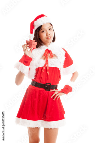Asian Christmas Santa Claus girl and gift box isolated on white background