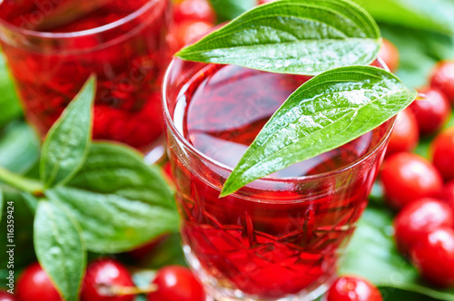 Valokuvatapetti Sweet liqueur made from ripe cornelian cherry and alcohol