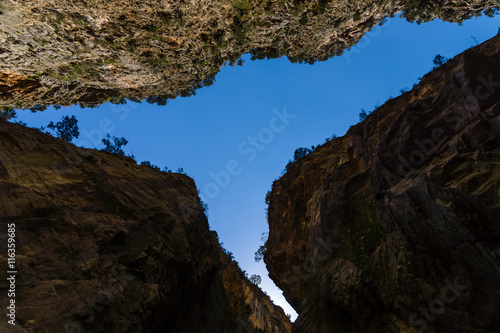 Samaria Gorge. A view of the top from the cleft. The largest European gorge. Crete. Greece.