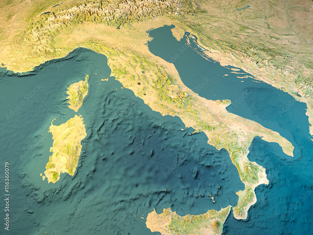 Italia, cartina fisica, vista satellitare, mappa Stock Illustration | Adobe  Stock
