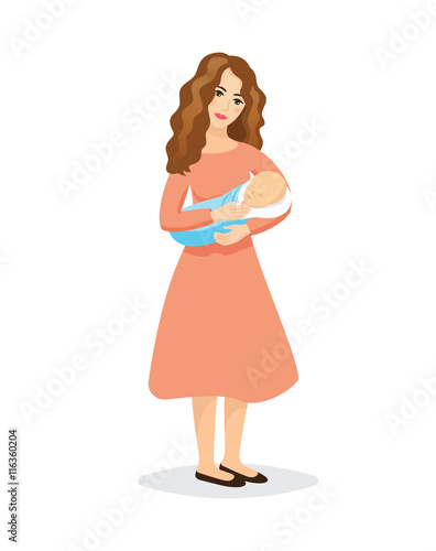 Motherhood icon. Young beautiful mother holding sleeping baby - vector illustration.