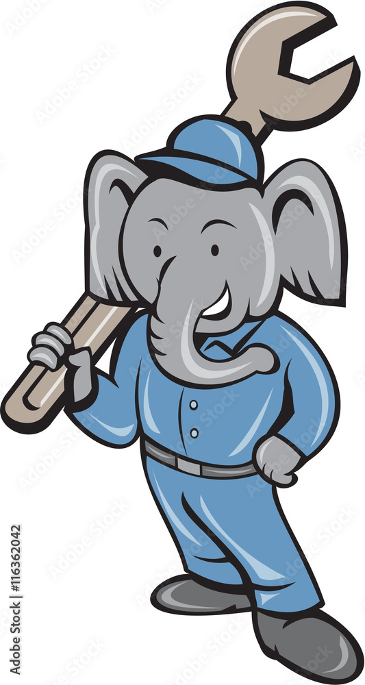 Elephant Mechanic Spanner Standing Cartoon Elephant Mechanic Spanner Standing Cartoon