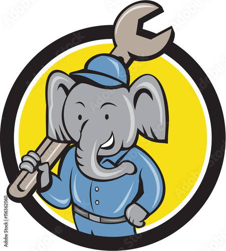 Elephant Mechanic Spanner Shoulder Circle Cartoon