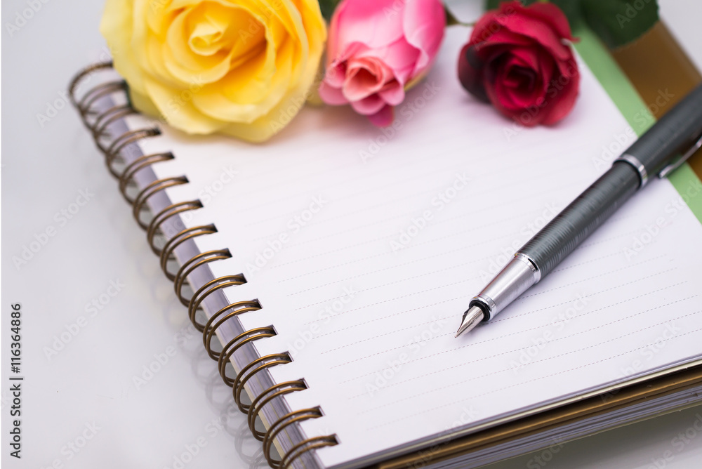 Diary note with rose and quill pen (Organizer ,agenda, book, dia Diary note with rose and quill pen (Organizer ,agenda, book, dia