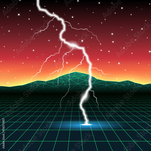 Neon new retro wave computer landscape with lightning