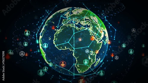 4K Digital World Networks of People Color - A stylized rendering of the earth as a digital entity conveying the idea of the modern digital age and global connectivity. Seamless Loop.