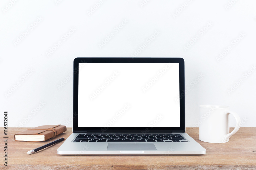 Front view of the laptop is on the work table concrete backgroun Front view of the laptop is on the work table concrete backgroun
