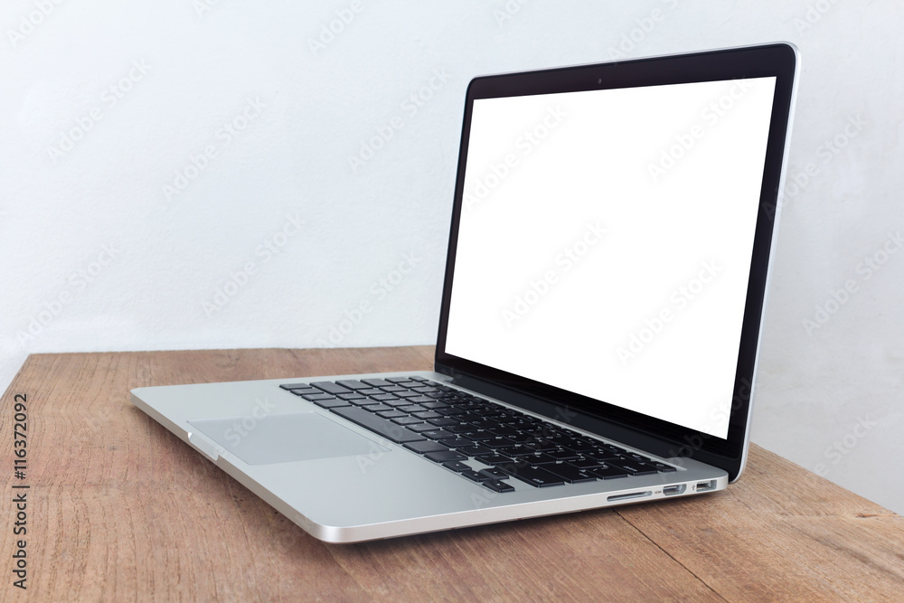 Front view of the laptop is on the work table concrete backgroun Front view of the laptop is on the work table concrete backgroun