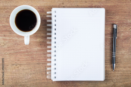 Blank open notebook with coffee cup, Business template mock up f