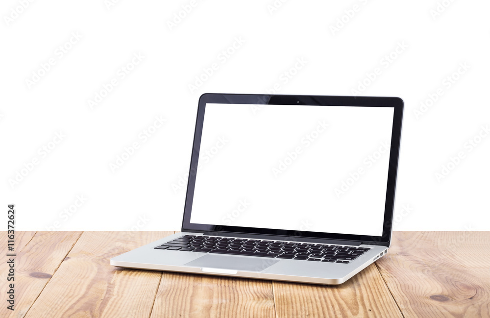 Front view of the laptop is on the work table, clipping path ins Front view of the laptop is on the work table, clipping path ins