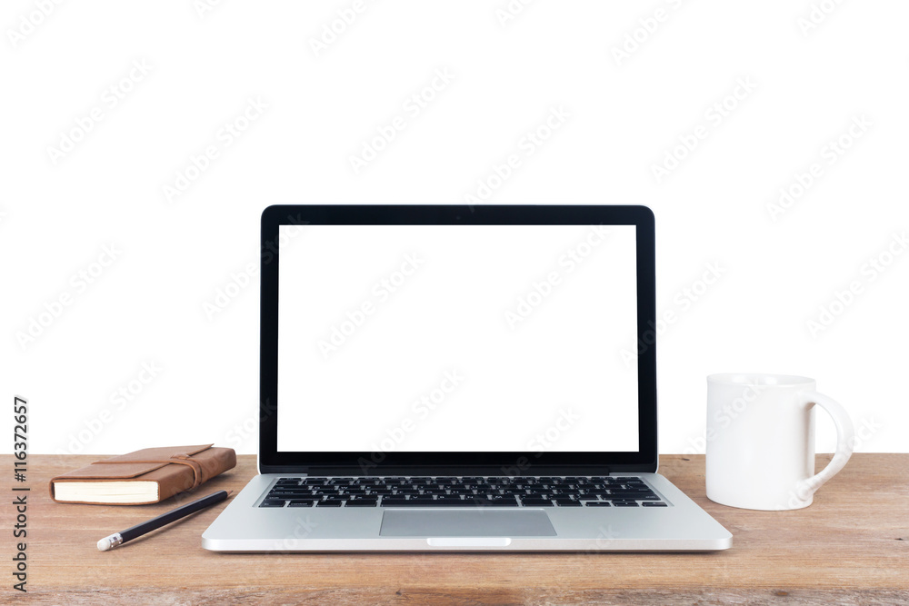 Front view of the laptop is on the work table, clipping path ins Front view of the laptop is on the work table, clipping path ins