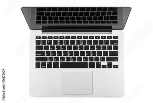 Top view of modern retina laptop isolated on white background, c photo