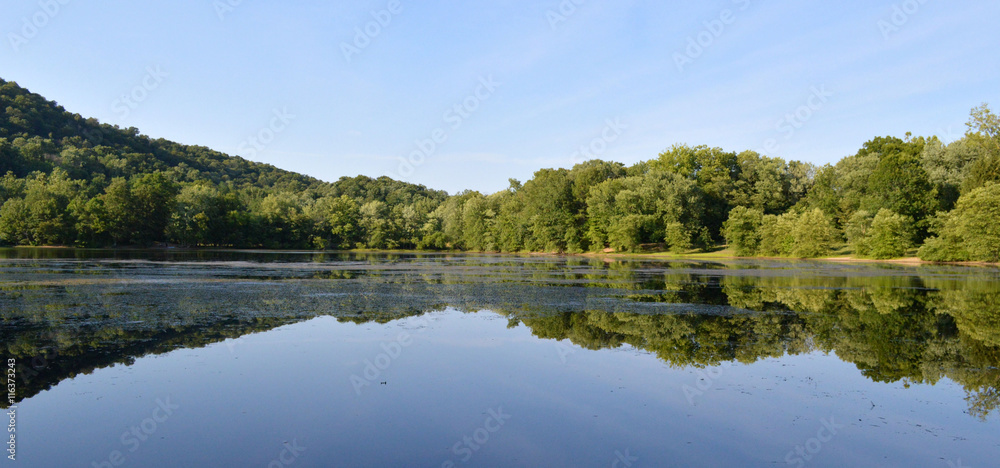 Green mountains and trees with lake reflection