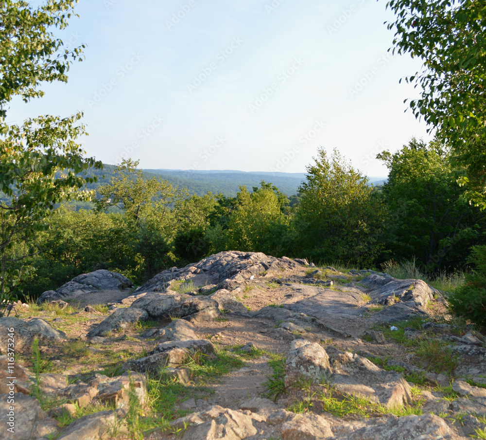 Rock cliff and green mountains with trees (hiking)