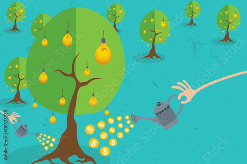 Crowdfunding concept with hand holding a bucket of coins to growing idea tree.