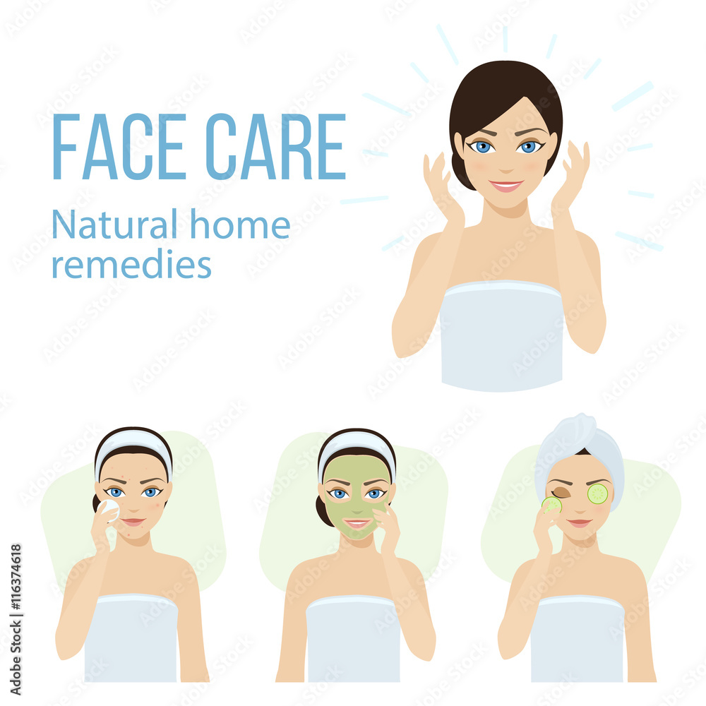 Set of face skin care with natural home remedies. Vector stock illustration. Set of face skin care with natural home remedies. Vector stock illustration.