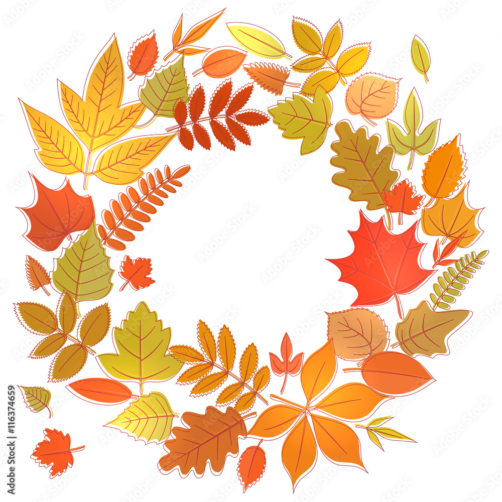Wreath of yellow flora elements. Round frame with autumn leaves, circle shape template. Vector stock illustration.