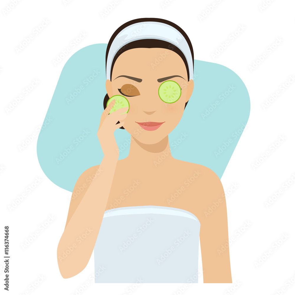 Girl applies natural cucumber mask on her face. Skin problems solution, home remedies. Vector stock illustration. Girl applies natural cucumber mask on her face. Skin problems solution, home remedies. Vector stock illustration.