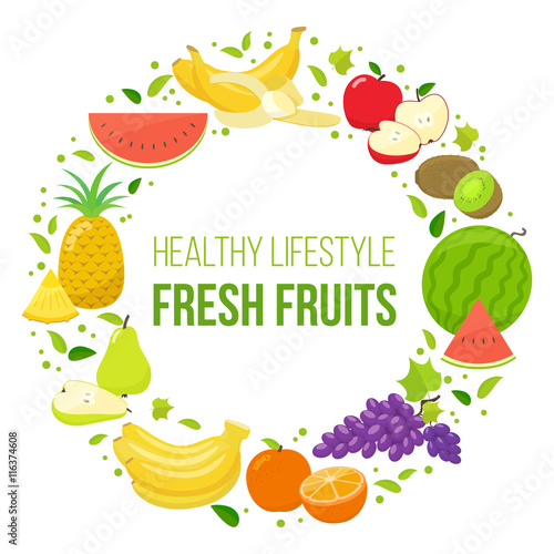 Set of colorful fruits in circle shape background. Template for packaging, cards, posters and eco food menu. Vector stock illustration.