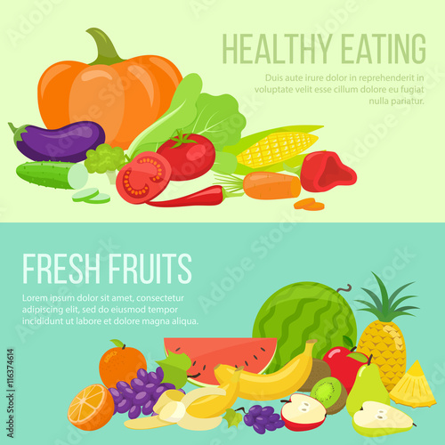 Set of fresh fruit and vegetable banners. Template for packaging, cards, posters and eco food menu, healthy lifestyle. Vector stock illustration.