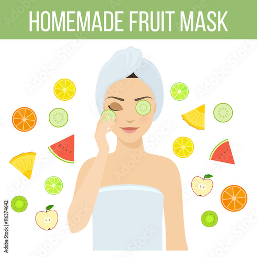 Girl applies natural homemade fruit mask on her face. Skin problems solution, home remedies. Vector stock illustration.