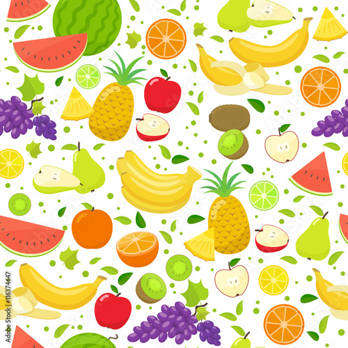 Seamless pattern of colorful cartoon fruits on a white background. Vector stock illustration.