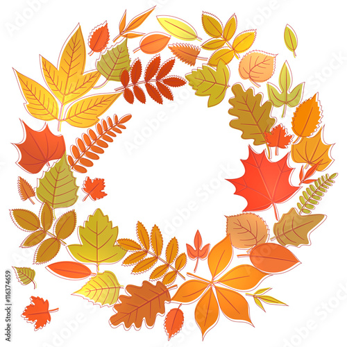 Wreath of yellow flora elements. Round frame with autumn leaves, circle shape template. Vector stock illustration.