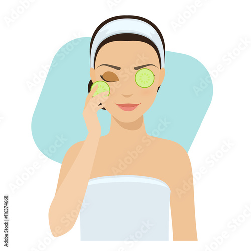 Girl applies natural cucumber mask on her face. Skin problems solution, home remedies. Vector stock illustration.