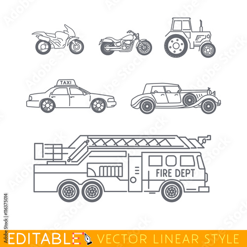 Transportation icon set include Fire truck Old luxury car Taxi Tractor Cruiser motorbike and Sport motorcycle. Editable vector graphic in linear style.