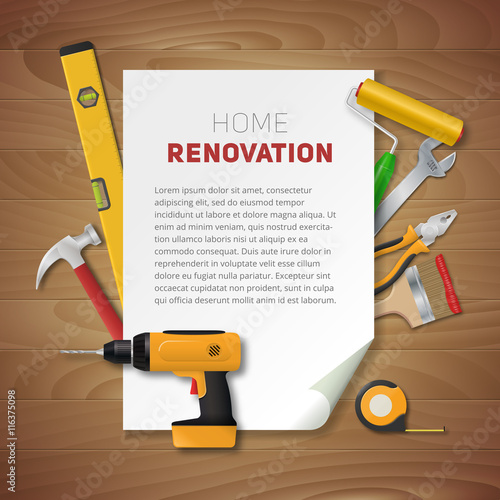 Home renovation banner with vector realistic hand tools. Electric drill, pliers, paint roller, brush, hammer, spanner, meter and spirit level. House remodeling poster on vintage wooden background.