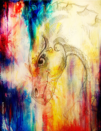 pencil drawing dragon and Color Abstract background.