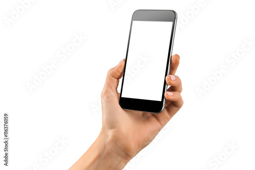 Mockup of feamle hand with a black cellphone with white screen isolated