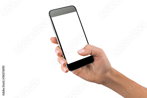 Mockup of feamle hand with a black cellphone with white screen isolated photo