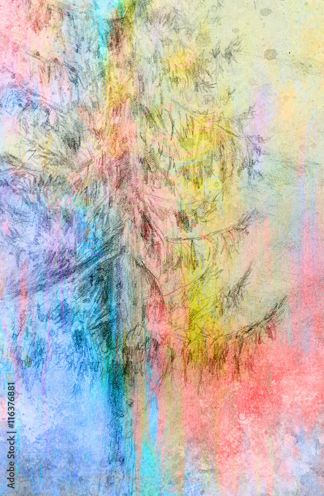 pencil drawing spruce on old paper background and Color Abstract background.