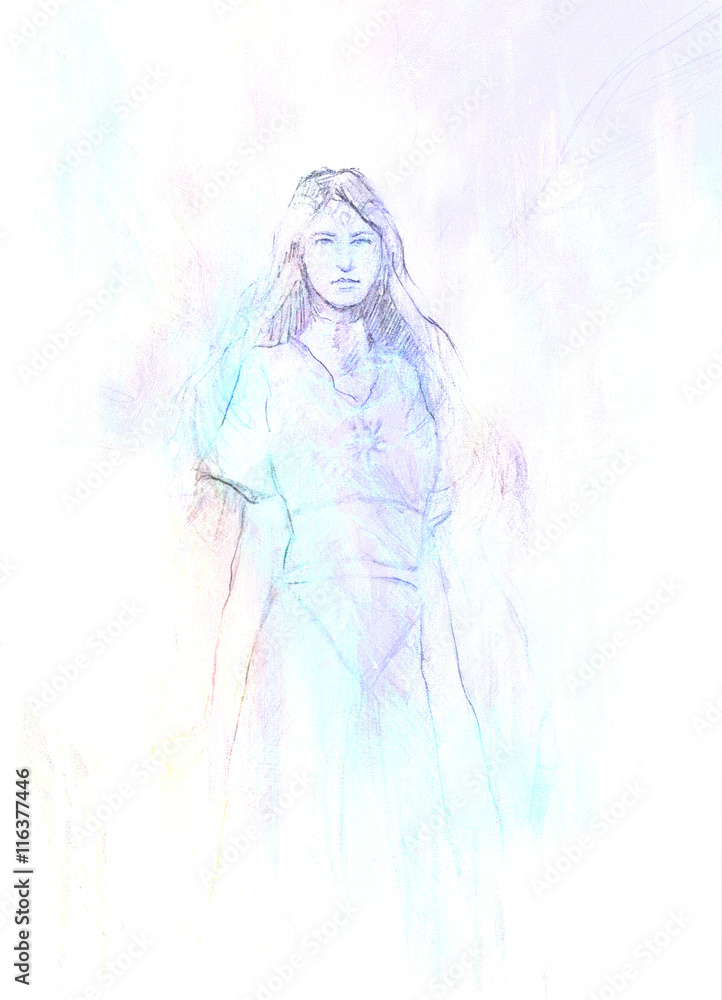 drawing of mystical angel woman in beautiful historic dress. drawing of mystical angel woman in beautiful historic dress.