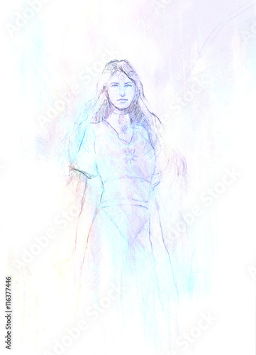 drawing of mystical angel woman in beautiful historic dress.