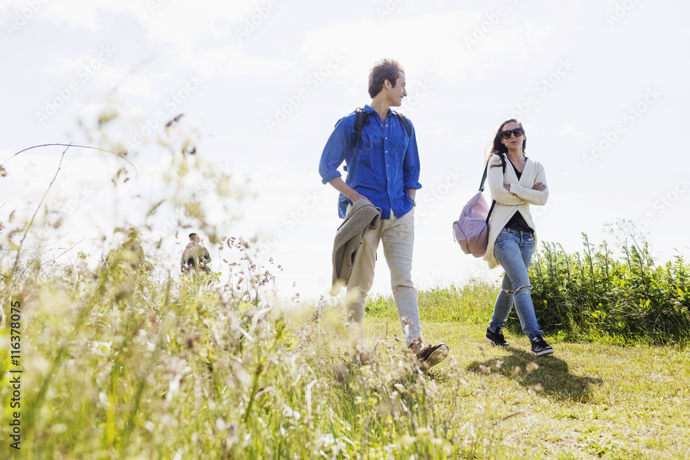 Friends walking on grassy field against clear sky