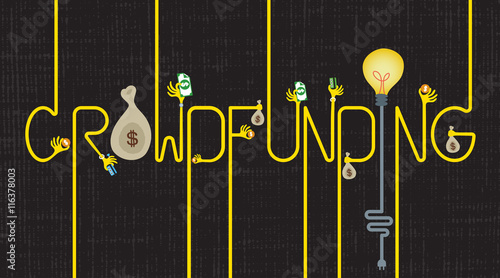 Lettering of Crowdfunding with many hands giving money and a light bulb idea.