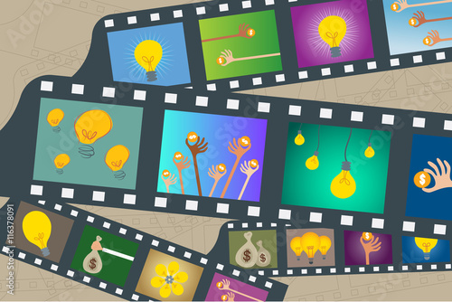 Crowdfunding concept for art and movie industry showing many film of hands giving money and idea light bulb.